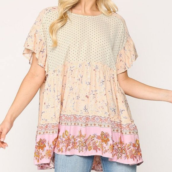 GiGio Tops - Gigio Cream Blush Dot Floral Mix Print Babydoll